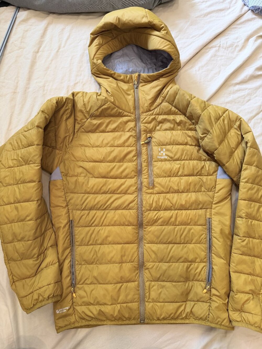 Haglöfs Mustard Pertex Quantum Hooded Puffer Jacket Men's L Fall Winter